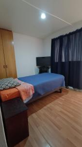 a bedroom with a bed and a desk in it at Residencial familiar El Valle in Copiapó