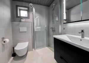 a bathroom with a shower and a toilet and a sink at Sunset Panorama - Superior Cabin Lofoten in Sand