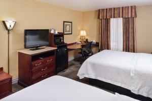 a hotel room with a bed and a desk with a television at Hampton Inn & Suites Boise-Meridian in Meridian