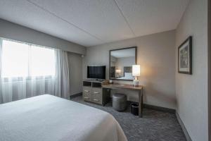 シャンバーグにあるEmbassy Suites by Hilton Chicago Schaumburg Woodfieldのベッド、デスク、鏡が備わる客室です。