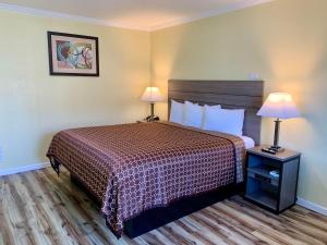 une chambre d'hôtel avec un lit et deux lampes dans l'établissement Central Coast Inn, à Cayucos
