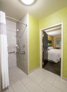 uma casa de banho com um chuveiro e um quarto com uma cama em Hampton Inn & Suites Salt Lake City/Farmington em Farmington