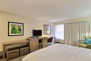 Habitación de hotel con cama y escritorio con TV. en Hampton Inn Savannah-I-95/Richmond Hill en Richmond Hill