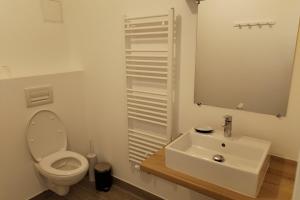 La salle de bains blanche est pourvue de toilettes et d'un lavabo. dans l'établissement Studio almost new - near lake, à Monteux