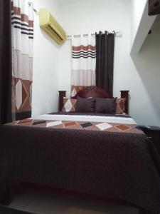 um quarto com uma cama com um edredão castanho em Hostal María Fernanda em Santo Domingo