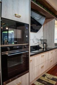 a kitchen with a black oven and a sink at Mountainside Beer Spa & Lodge in Baños