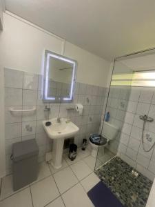 un bagno con lavandino, water e specchio di La rose a Le Robert