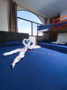 1 dormitorio con 2 toallas de cisne en una cama en Blue Horizon, Galápagos, en Puerto Baquerizo Moreno