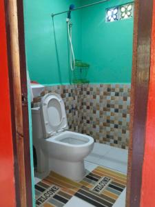 a bathroom with a toilet and a green wall at Charity Pension House in San Vicente