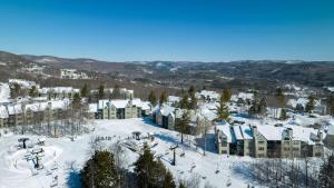 an aerial view of a ski resort in the snow at Winterplace on Okemo Mountain in Ludlow
