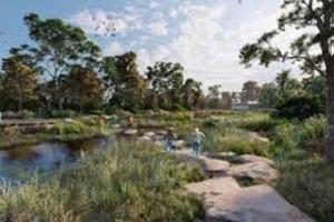 a painting of a river with people in a field at Serene Coastal Haven in Melbourne