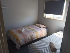 a small bedroom with two beds and a window at Sunraysia Holiday Park in Mildura