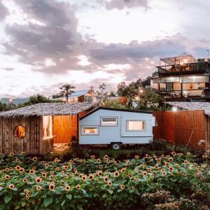 a caravan parked next to a field of sunflowers at Phu Morinn Cafe &Camping Monjam in Mon Jam