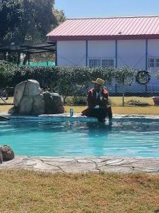 un hombre sentado en el agua en una piscina en Okahatjipara Lodge, 