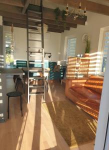 a living room with a loft bed and a couch at Anna's Home in Jūrmalciems +35 photos