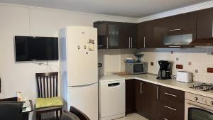 a kitchen with a white refrigerator and a microwave at Casa din Deal-Cincu in Cincu