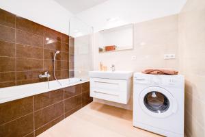 a bathroom with a washing machine and a sink at Bishop Apartments in Brno +102 photos