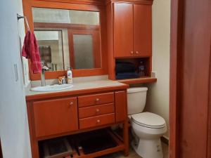 La salle de bains est pourvue de toilettes, d'un lavabo et d'un miroir. dans l'établissement Casa KOCH, à Manzanillo