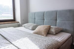 ein Bett mit zwei Kissen darauf in einem Schlafzimmer in der Unterkunft Apartment Ivana Krško in Krško