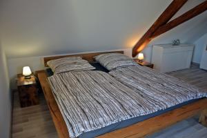 uma cama num quarto com duas almofadas em Ferienwohnungen Straußenfarm Burkhardt em Schmölln