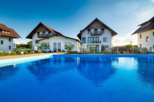 a large swimming pool in front of two houses at Amore Resort in Băltenii de Sus