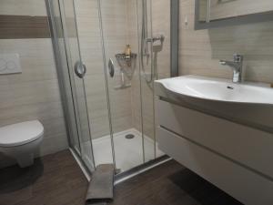 a bathroom with a shower and a sink and a toilet at À l'étape rêvée, charme, calme et nature in Baulmes