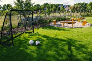 dos pelotas de fútbol en la hierba en un parque en Wingris - dom wczasowy nad Jeziorem Wigry en Bryzgiel