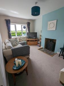 a living room with a couch and a fireplace at Cosy family cottage south Somerset in Long Sutton