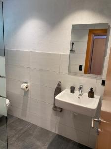 a bathroom with a sink and a mirror at Haus Barbara in Ochsengarten