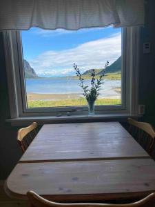 a table with a vase of flowers in a window at Charming house in fjord Lofoten 