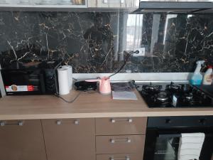 a kitchen counter with a stove and a pink appliance at Mihail apartament in Năvodari