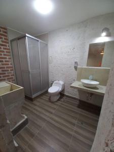 a bathroom with a toilet and a sink and a shower at Quinta Alpaca in Arequipa