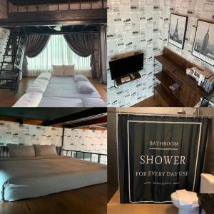 ein Zimmer mit einem Bett und einem Schild, auf dem steht, dass das Bad täglich mit einer Dusche ausgestattet ist in der Unterkunft Skeyndor Health & Resort in Na Jomtien