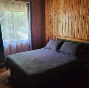 um quarto com uma cama com uma parede de madeira e uma janela em Cabañas amobladas en salto del laja a 2 minutos del puente salto del laja em El Manzano