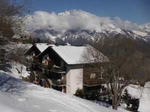 a house in the snow with a snow covered mountain at Appartement Arolles 704 in La Tzoumaz