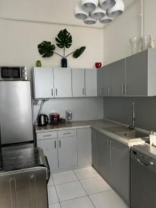 una cocina con armarios blancos y electrodomésticos de acero inoxidable en Allomas Apartman, en Budapest