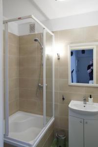 La salle de bains est pourvue d'une douche et d'un lavabo. dans l'établissement Apartament przy Parku Saskim, à Varsovie
