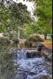 une rivière avec une cascade dans un parc dans l'établissement צימר על הנחל, à Qiryat Shemona
