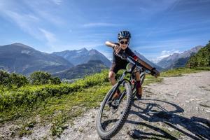 una persona montando una bicicleta en un camino de montaña en Eco Dimora Baltea - Affittacamere al Verde villaggio di Rumiod, en Saint-Pierre