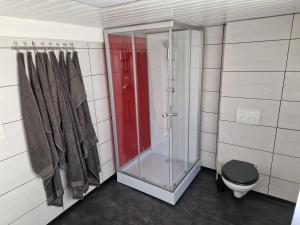 La salle de bains est pourvue d'une douche en verre et de toilettes. dans l'établissement Föller´s Gästehaus, à Neu-Anspach