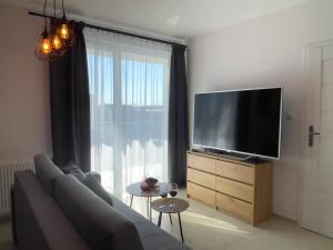 ein Wohnzimmer mit einem Sofa und einem Flachbild-TV in der Unterkunft URBAN APARTMENTS Premium DOWNTOWN Opolska 10 No 77A with GARAGE in Kattowitz