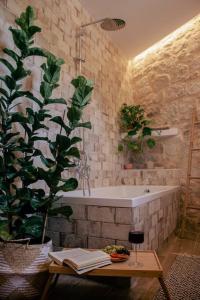 uma casa de banho com uma banheira e uma planta em Amygdalia Traditional House em Chania Town