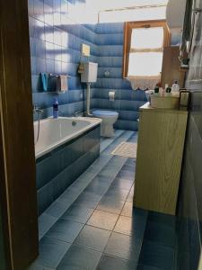 een blauwe badkamer met een bad en een toilet bij Casale Bellavita in San Giovanni Ilarione