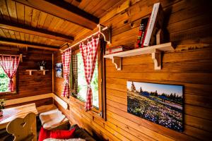 a room with a television in a log cabin at Chalet FOREST Villa in Kamnik