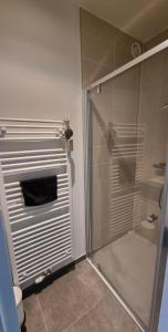 bagno con doccia e porta in vetro di Luxe 4p appartement aan jachthaven van Zeebrugge Met terrassen en gratis parkeren a Zeebrugge