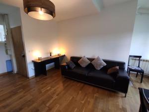 ein Wohnzimmer mit einem schwarzen Sofa und einem Tisch in der Unterkunft Appartement - Paris - Champagne - Disney - Campagne - Familles 