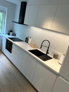 a kitchen with white cabinets and a sink at Ghent by the water in Ghent