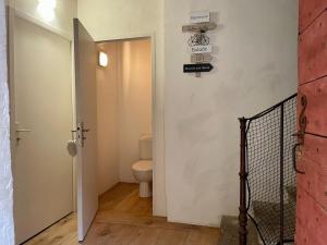 einen Flur mit WC und Tür zum Bad in der Unterkunft Perle de lune in Billom