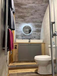 a bathroom with a toilet and a sink at Honeybee Home in Llansantffraid-ym-Mechain