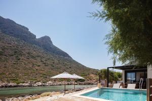 una piscina con sombrilla junto a un río en Villa Amina, en La Canea